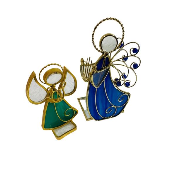 Vintage Tabletop Stained Glass Angels Goldtone Blue Green - Picture 1 of 7